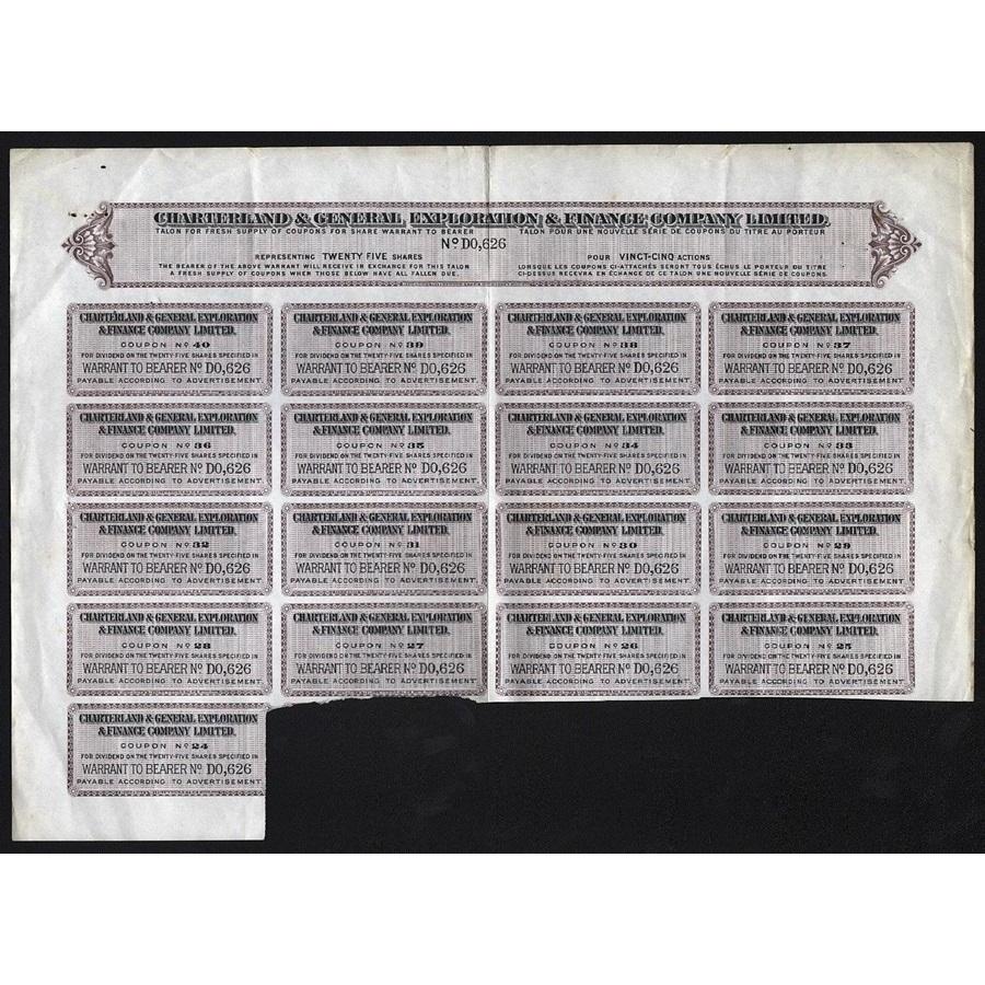 Charterland & General Exploration & Finance Company Limited Stock Certificate
