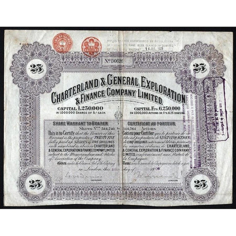 Charterland & General Exploration & Finance Company Limited Stock Certificate
