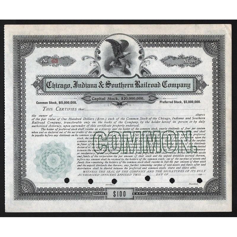 Chicago, Indiana & Southern Railroad Company Stock Certificate