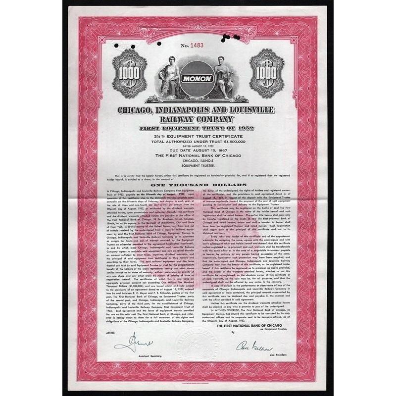 Chicago, Indianapolis and Louisville Railway Company Stock Certificate