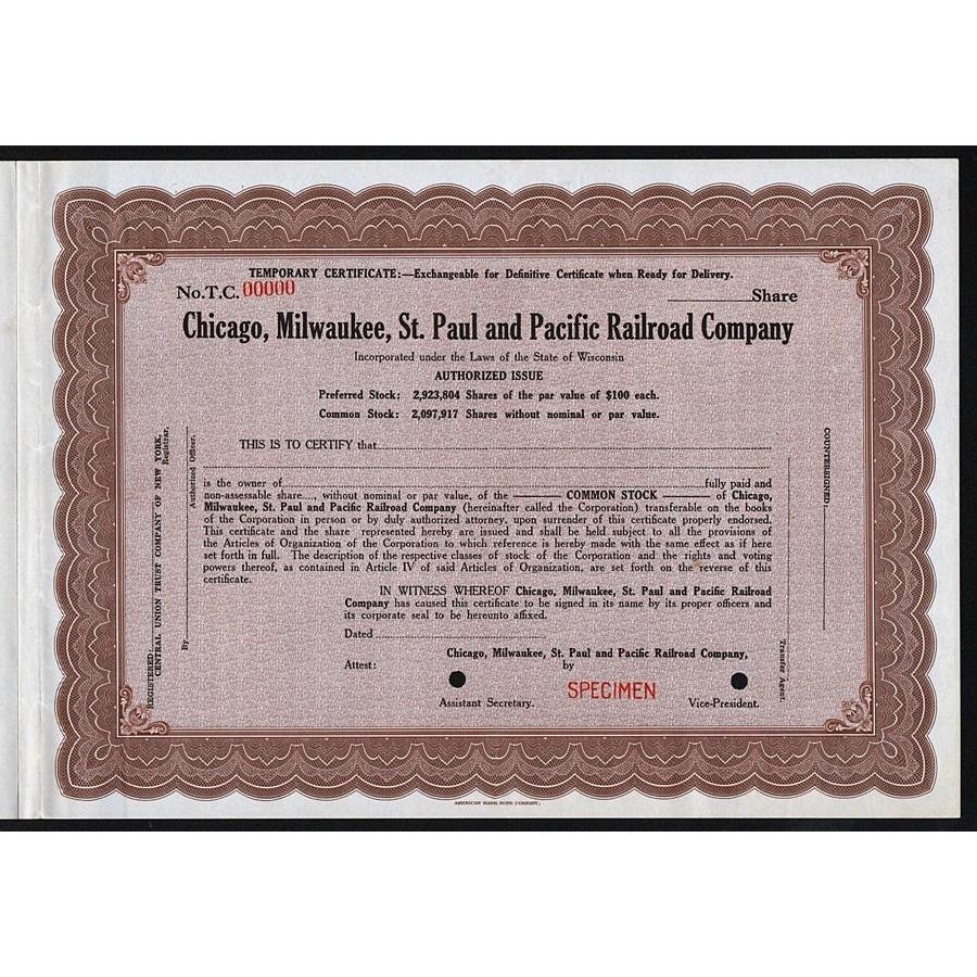 Chicago, Milwaukee, St. Paul and Pacific Railroad Company (Specimen) Stock Certificate