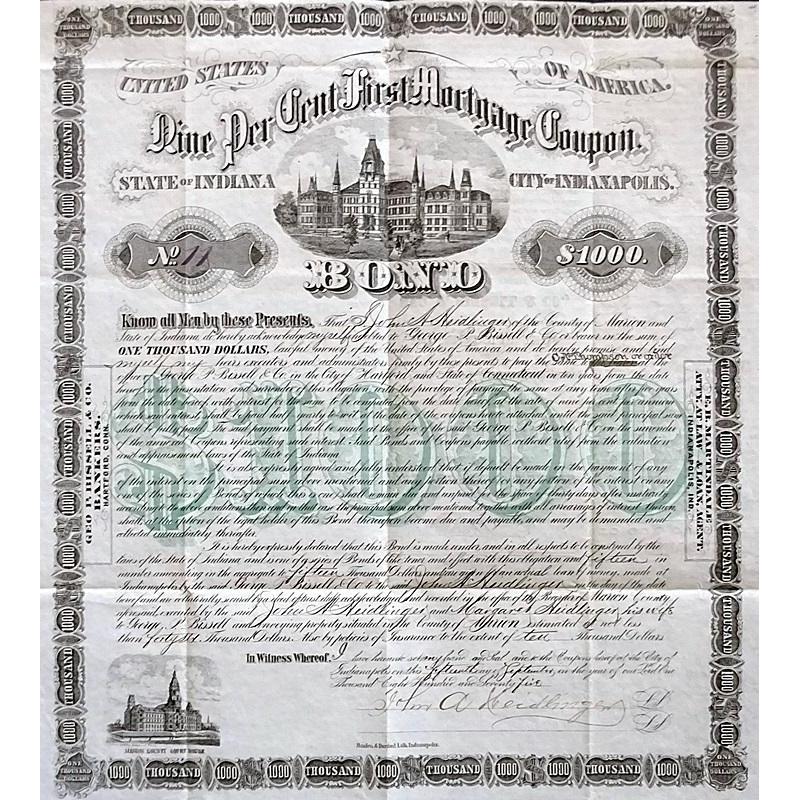 City of Indianapolis, State of Indiana: Nine Per Cent First Mortgage Coupon Stock Certificate