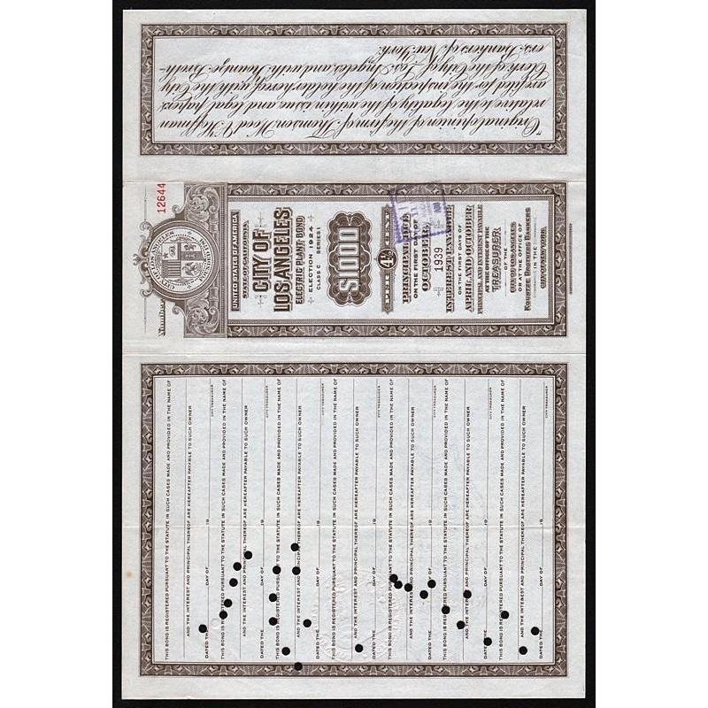City of Los Angeles, Electric Plant Bond, Election 1924 Stock Certificate