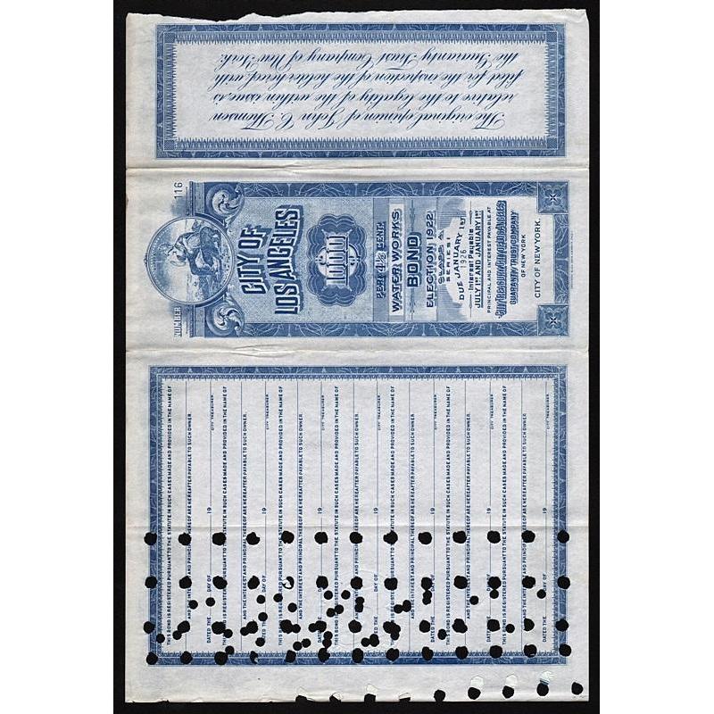 City of Los Angeles, Water Works Bond, Election 1922 Stock Certificate