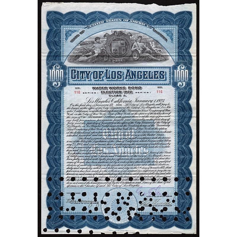 City of Los Angeles, Water Works Bond, Election 1922 Stock Certificate