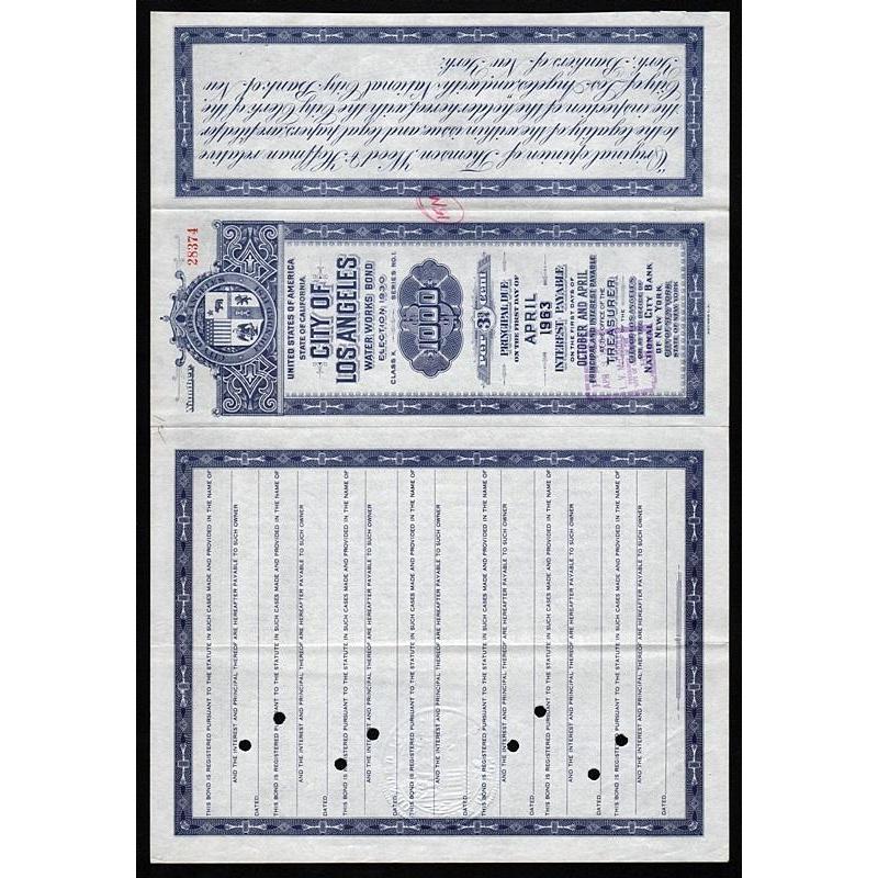 City of Los Angeles, Water Works Bond, Election 1930 Stock Certificate