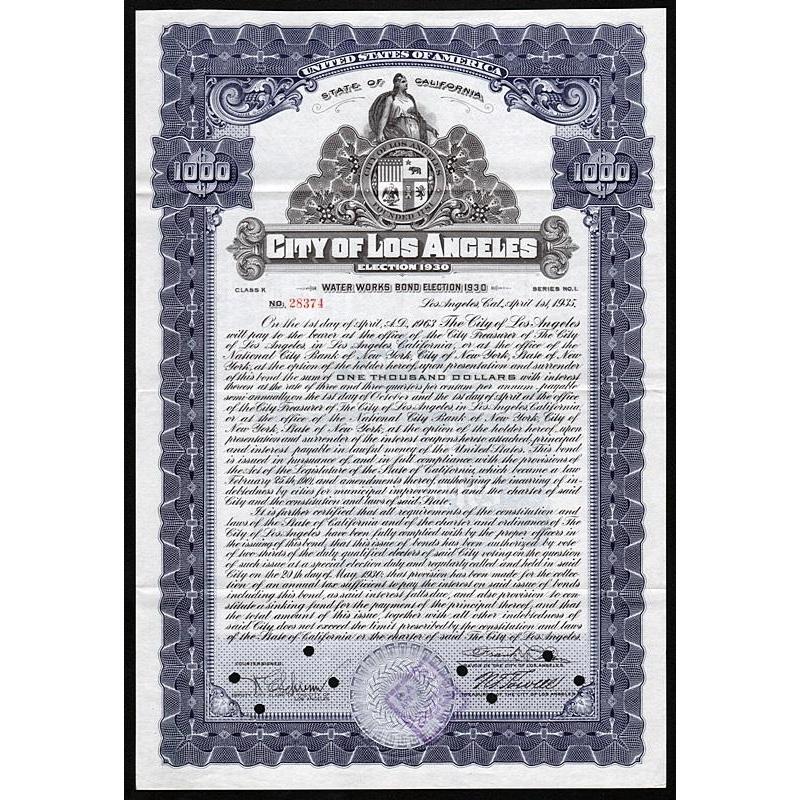 City of Los Angeles, Water Works Bond, Election 1930 Stock Certificate