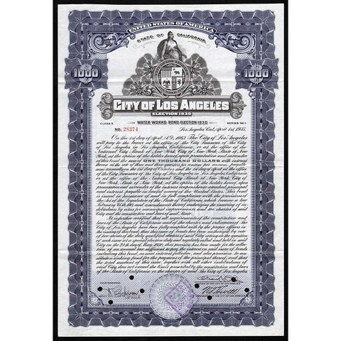 City of Los Angeles, Water Works Bond, Election 1930 Stock Certificate