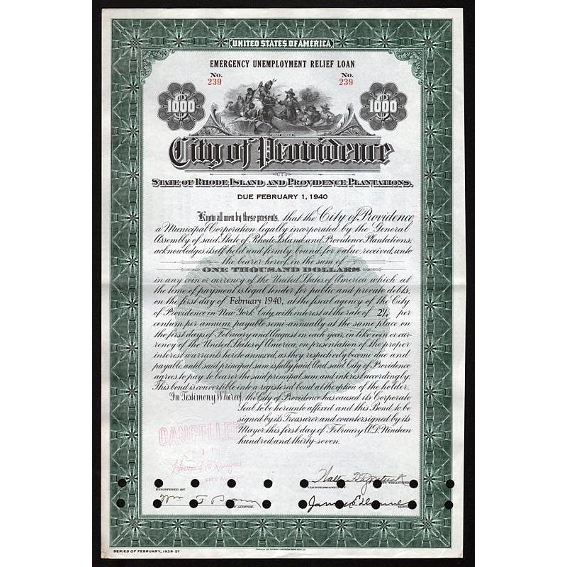 City of Providence, Rhode Island - Emergency Unemployment Relief Loan Stock Certificate