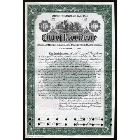 City of Providence, Rhode Island - Emergency Unemployment Relief Loan Stock Certificate
