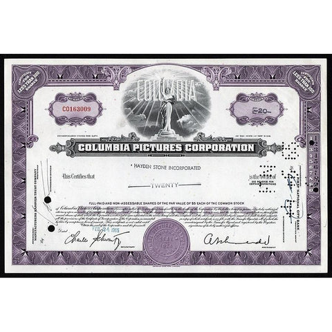 Columbia Pictures Corporation Stock Certificate