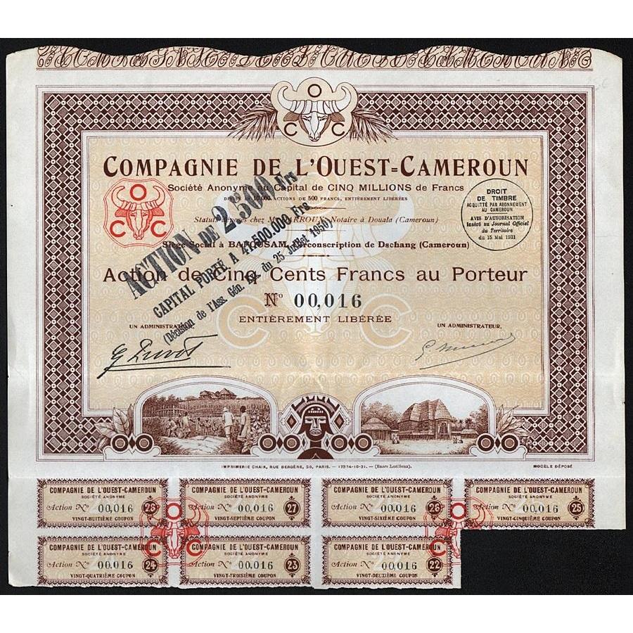 Compagnie de l'Ouest-Cameroun Societe Anonyme Stock Certificate
