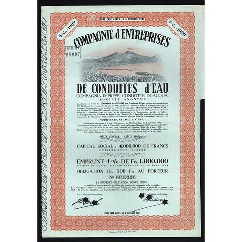 Compagnie d'Entreprises de Conduites d'Eau (Mount Vesuvius vignette) Stock Certificate