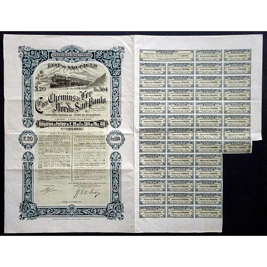 State of Sao-Paulo Brazil Railroad Company 1911 Bond Certificate