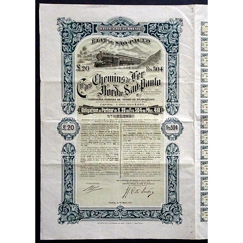 Compagnie des Chemins de Fer du Nord de Sao-Paulo - Companhia Estrada de Ferro de Araraquara Stock Certificate