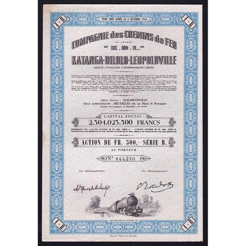 Compagnie des Chemins de Fer Katanga-Dilolo-Leopoldville Stock Certificate