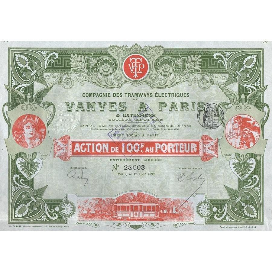 Compagnie des Tramways Electriques de Vanves a Paris 1899 Franca Stock Certificate