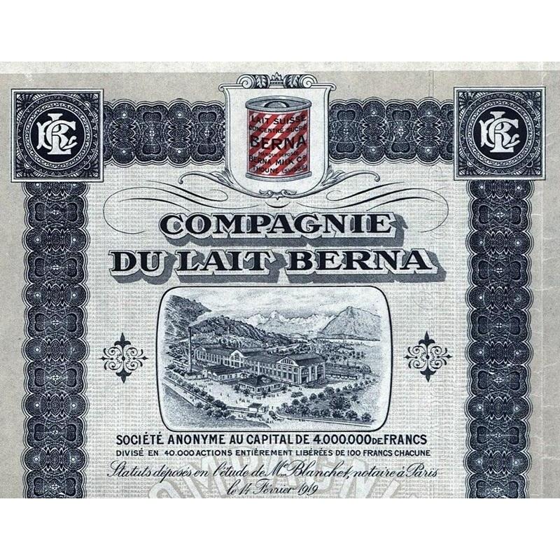 Compagnie Du Lait Berna Stock Certificate