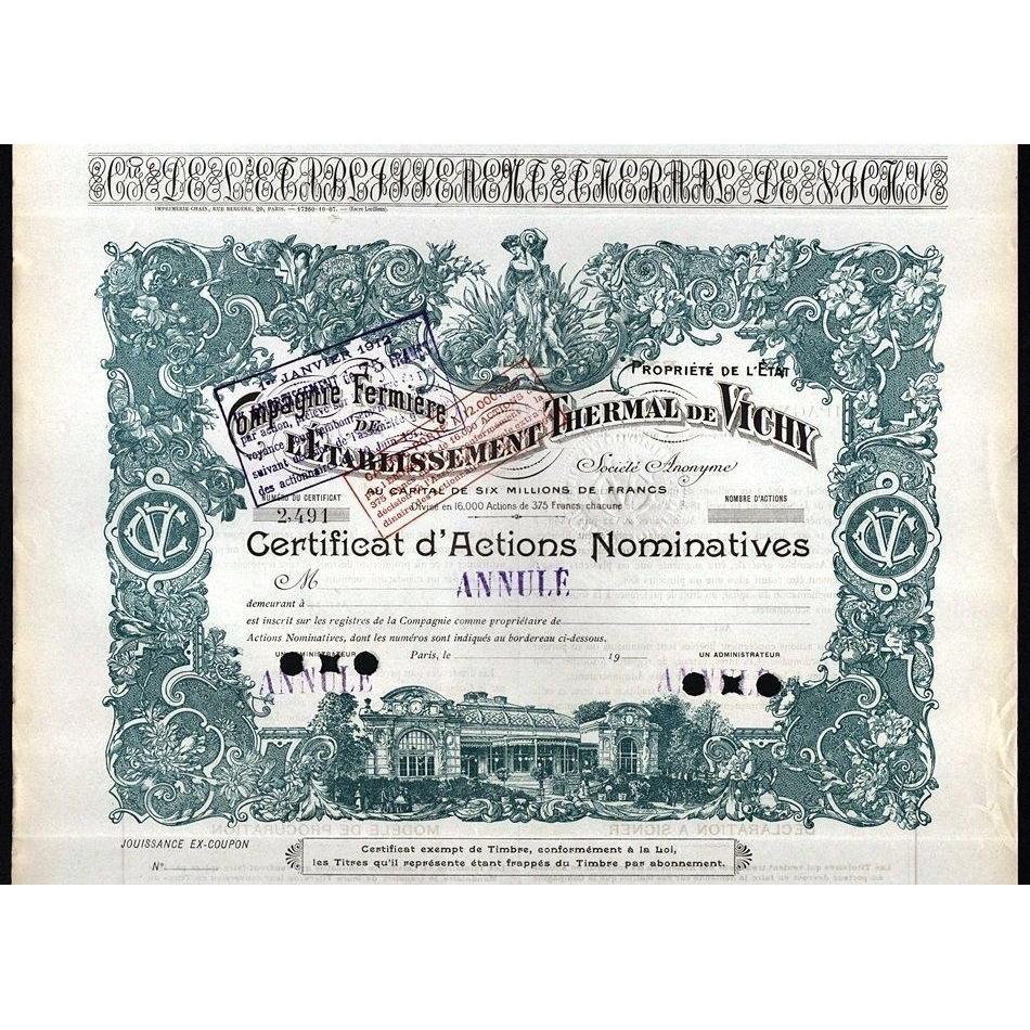 Compagnie Fermiere de l'Etablissement Thermal de Vichy Societe Anonyme Stock Certificate