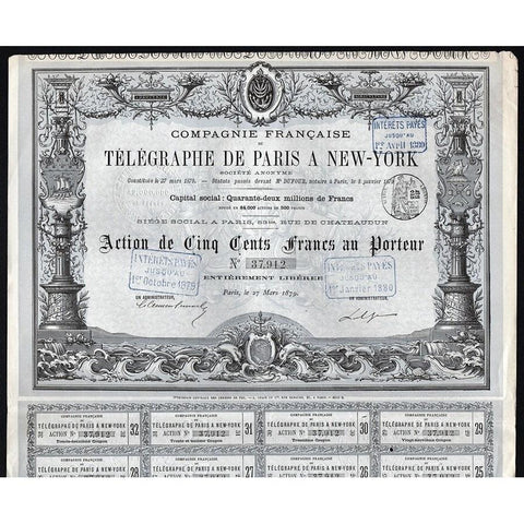 Compagnie Francaise du Telegraphe de Paris a New-York Societe Anonyme Stock Certificate