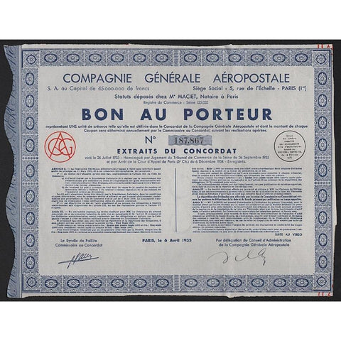 Compagnie Generale Aeropostale Stock Certificate