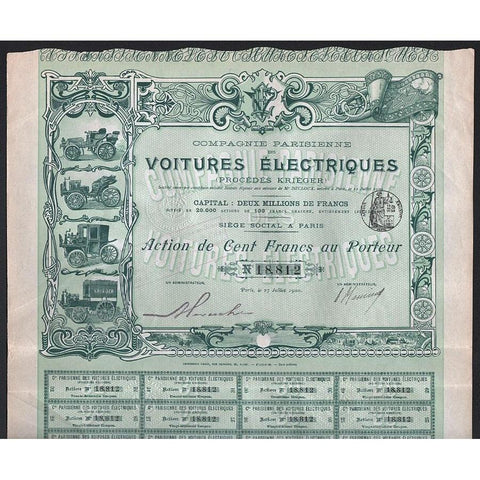 Compagnie Parisienne des Voitures Electriques 1900 France Stock Certificate