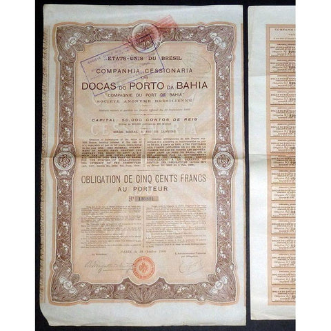Companhia Cessionaria das Docas do Porto da Bahia - "Compagnie du Port de Bahia" Stock Certificate