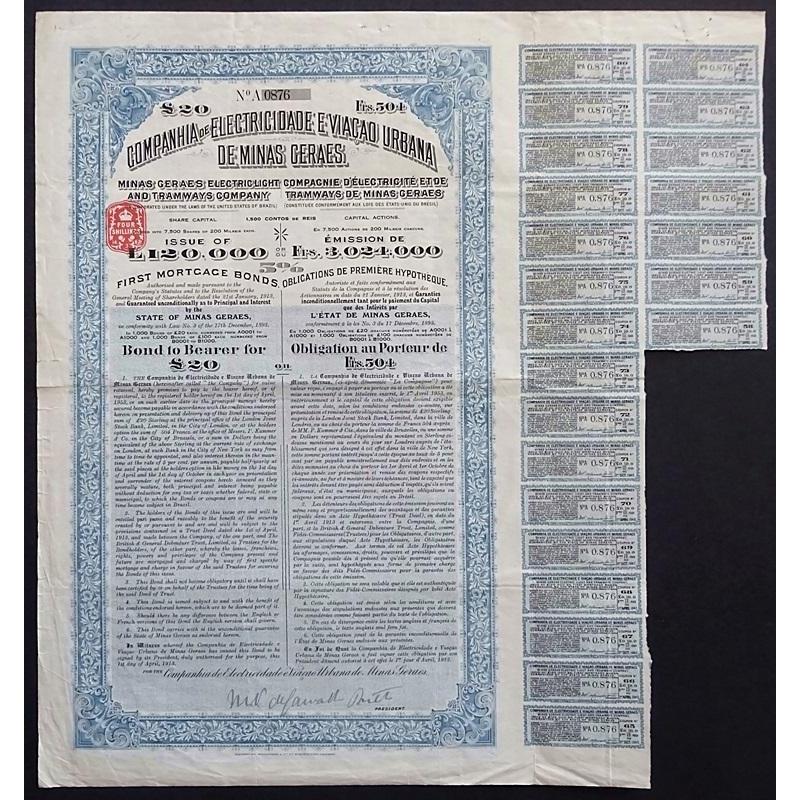 Companhia de Electricidade e Viacao Urbana de Minas Geraes Stock Certificate