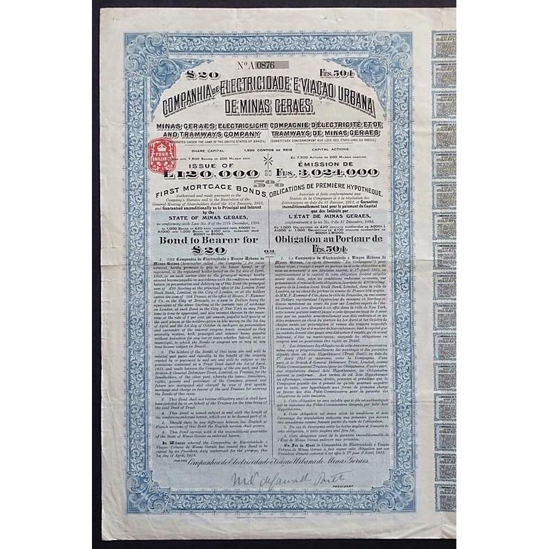 Companhia de Electricidade e Viacao Urbana de Minas Geraes Stock Certificate