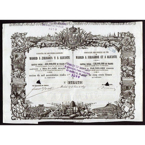 Compania de los Ferro-Carriles Madrid a Zaragoza y a Alicante Stock Certificate