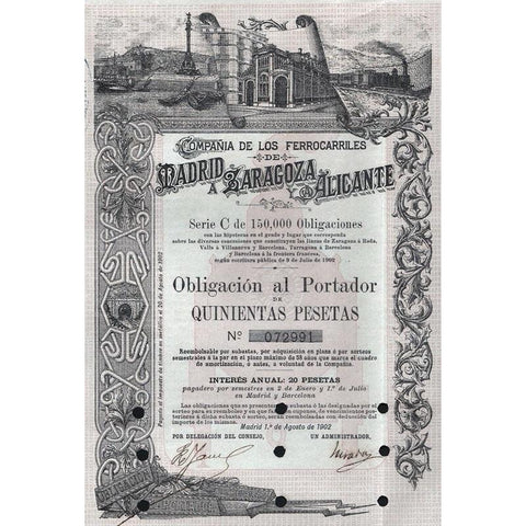 Compania de Los Ferrocarriles de Madrid a Zaragoza y Alicante Stock Certificate