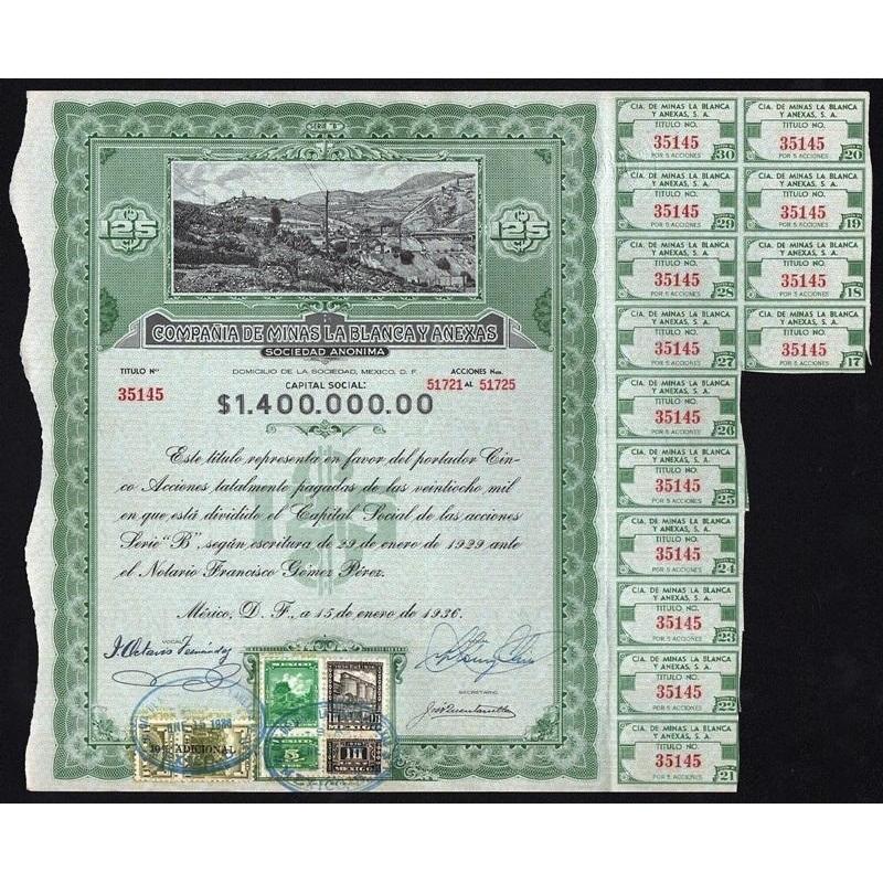 Compania de Minas la Blanca y Anexas 1936 Mexico Stock Certificate