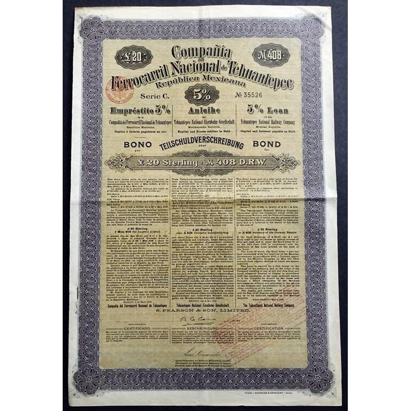 Compania del Ferrocarril Nacional de Tehuantepec, Republica Mexicana (Gold Bond) Stock Certificate