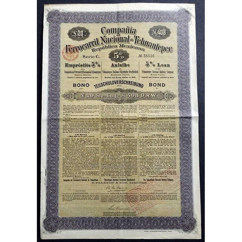 Compania del Ferrocarril Nacional de Tehuantepec, Republica Mexicana (Gold Bond) Stock Certificate
