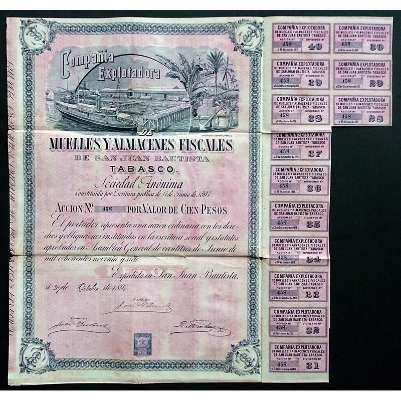 Compania Explotadora Muelles y Almacenes Fiscales de San Juan Bautista Tabasco Sociedad Anonima Stock Certificate