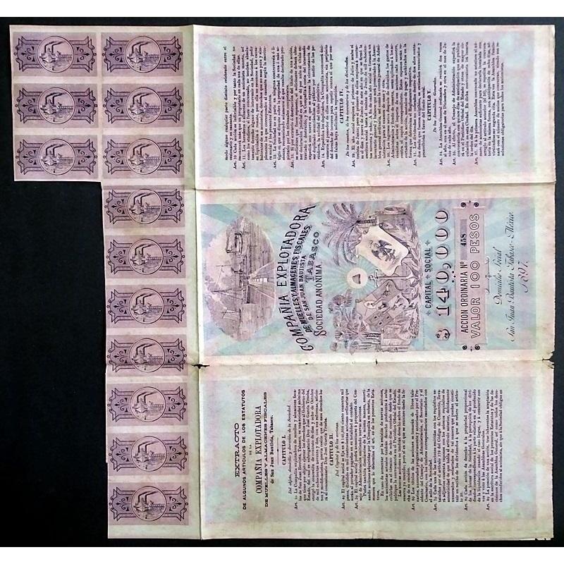 Compania Explotadora Muelles y Almacenes Fiscales de San Juan Bautista Tabasco Sociedad Anonima Stock Certificate