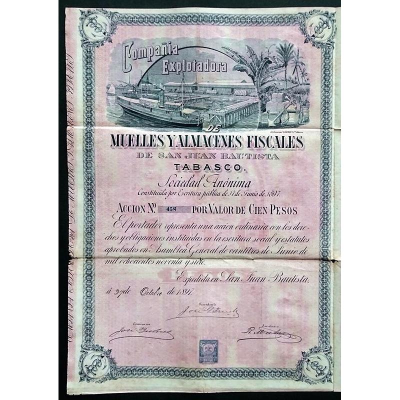 Compania Explotadora Muelles y Almacenes Fiscales de San Juan Bautista Tabasco Sociedad Anonima Stock Certificate