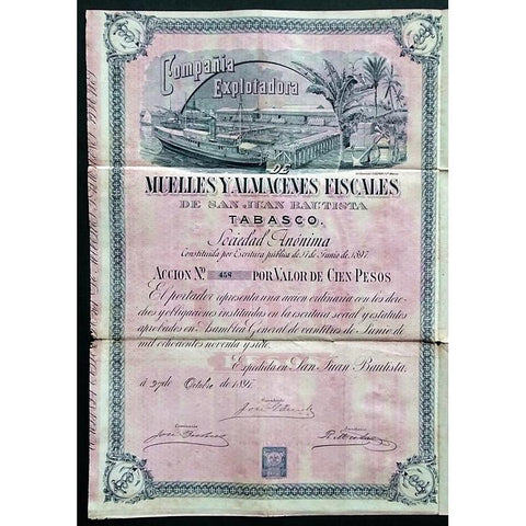 Compania Explotadora Muelles y Almacenes Fiscales de San Juan Bautista Tabasco Sociedad Anonima Stock Certificate