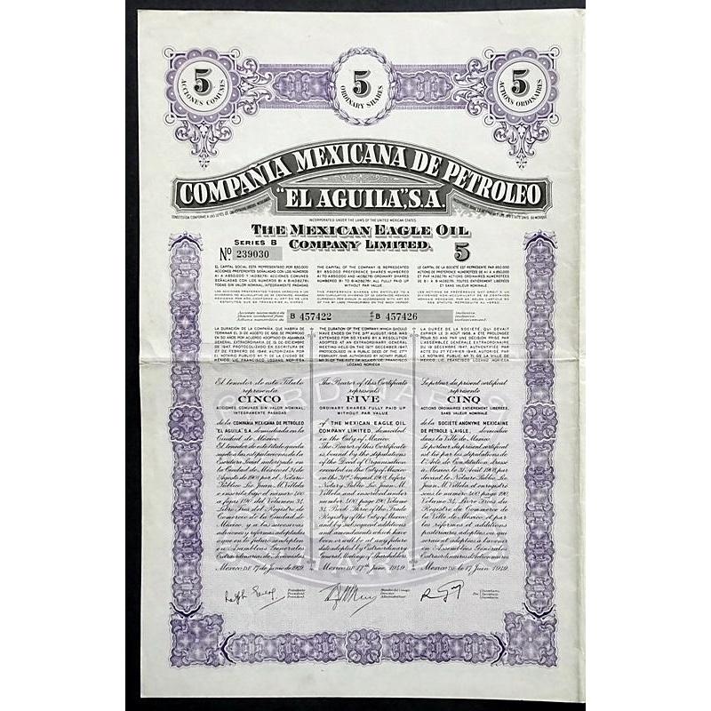 Compania Mexicana de Petroleo "El Aguila", S.A. - The Mexican Eagle Oil Company Limited Stock Certificate
