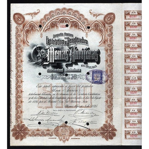 Compania Mexicana Explotadora y Beneficiadora de Menas Auriferas en Oaxaca Stock Certificate