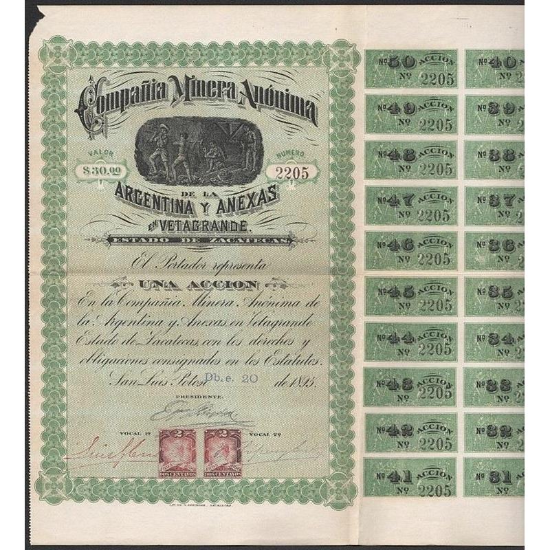 Compania Minera Anonima de la Argentina y Anexas en Vetagrande (San Luis, Potosi) Stock Certificate