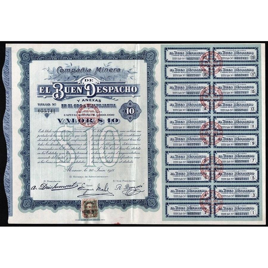 Compania Minera de El Buen Despacho y Anexas en el Oro y Tlalpujahua Stock Certificate
