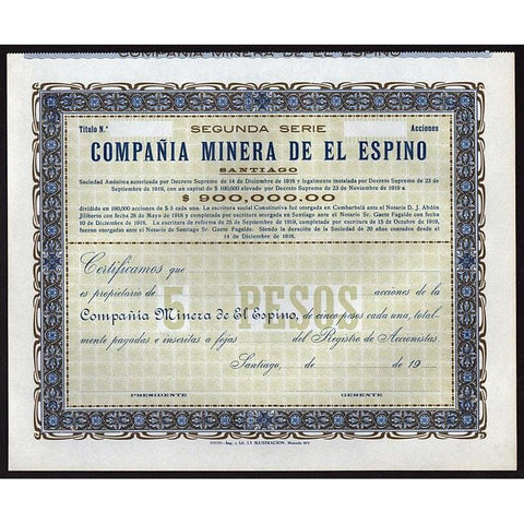 Compania Minera de el Espino Stock Certificate