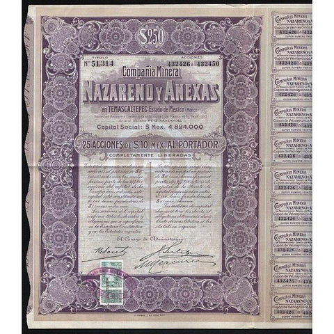 Compania Minera Nazareno y Anexas en Temascaltepec Estado de Mexico Stock Certificate