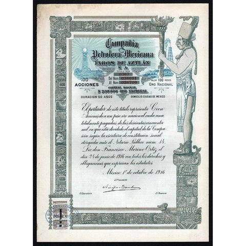 Compania Petrolera Mexicana Faros de Aztlan S.A. - 100 Acciones Stock Certificate