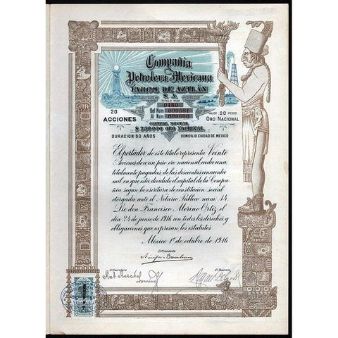 Compania Petrolera Mexicana Faros de Aztlan S.A. - 20 Acciones Stock Certificate