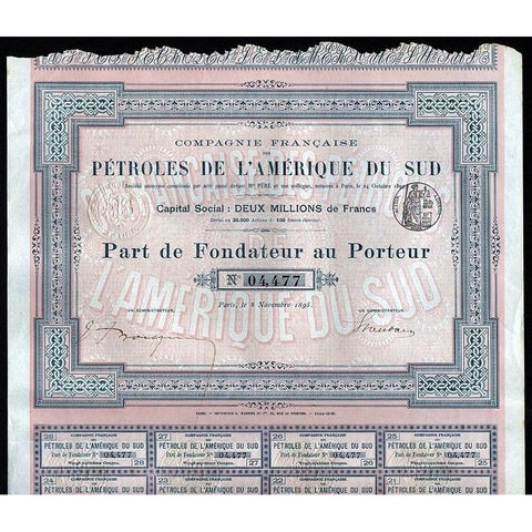 Companie Francaise des Petroles de l'Amerique du Sud Stock Certificate