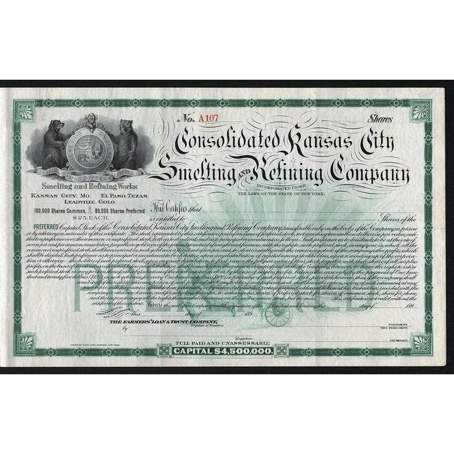 Consolidated Kansas City Smelting and Refining Company Stock Certificate