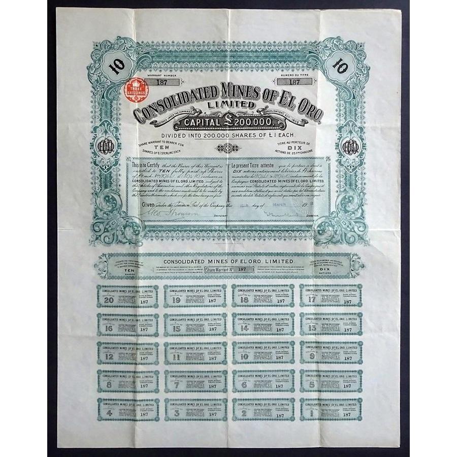 Consolidated Mines of El Oro, Limited Stock Certificate