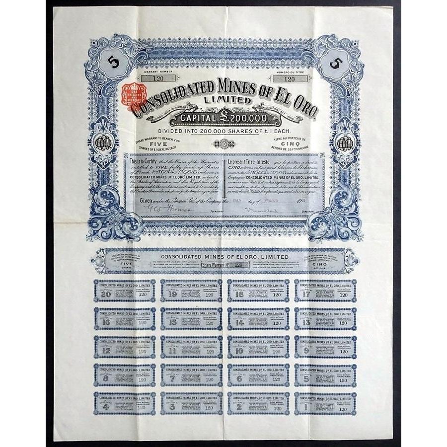Consolidated Mines of El Oro Stock Certificate